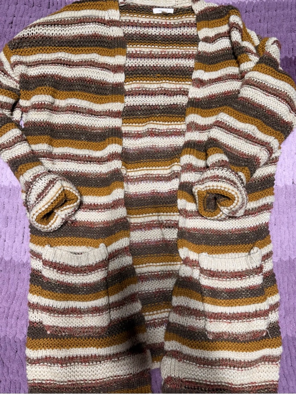 Striped Open Front Knit Cardigan in Cream, Mustard & Brown - Picture 1 of 1